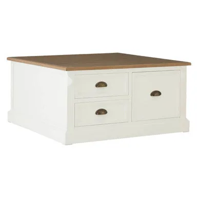 Fir Wood Veneer Top & White Wooden Square Coffee Table With 3 Drawers, Hardwick