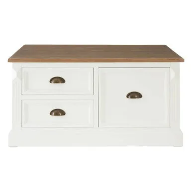 Fir Wood Veneer Top & White Wooden Square Coffee Table With 3 Drawers, Hardwick