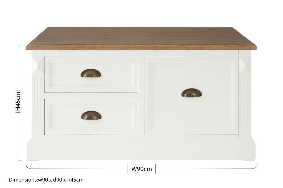 Fir Wood Veneer Top & White Wooden Square Coffee Table With 3 Drawers, Hardwick