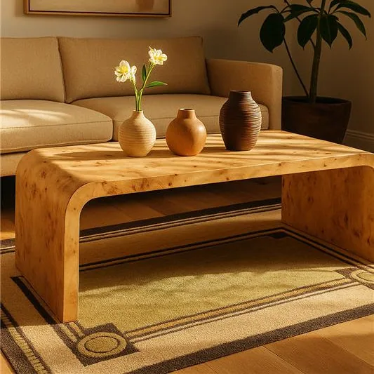 Natural Burl Wood Curved Coffee Table With Smooth Curved Edges, Mota