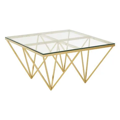 Gold Prismatic Square Coffee Table With Clear Glass Top & Pincer Style Legs, Allure