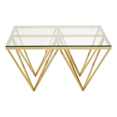 Gold Prismatic Square Coffee Table With Clear Glass Top & Pincer Style Legs, Allure