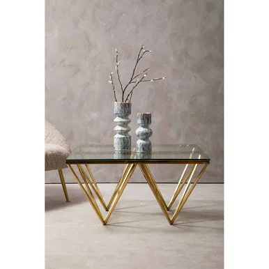 Gold Prismatic Square Coffee Table With Clear Glass Top & Pincer Style Legs, Allure