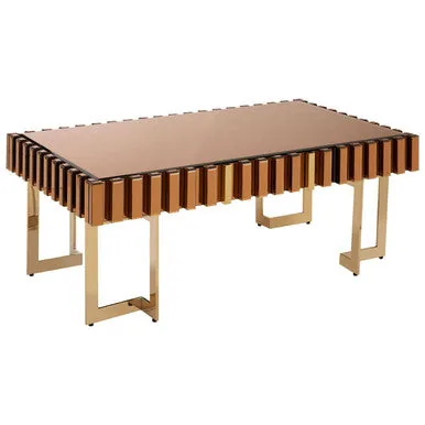 Mirrored Glass Top Coffee Table With Corrugated Sides & Gold Frame, Rivoli