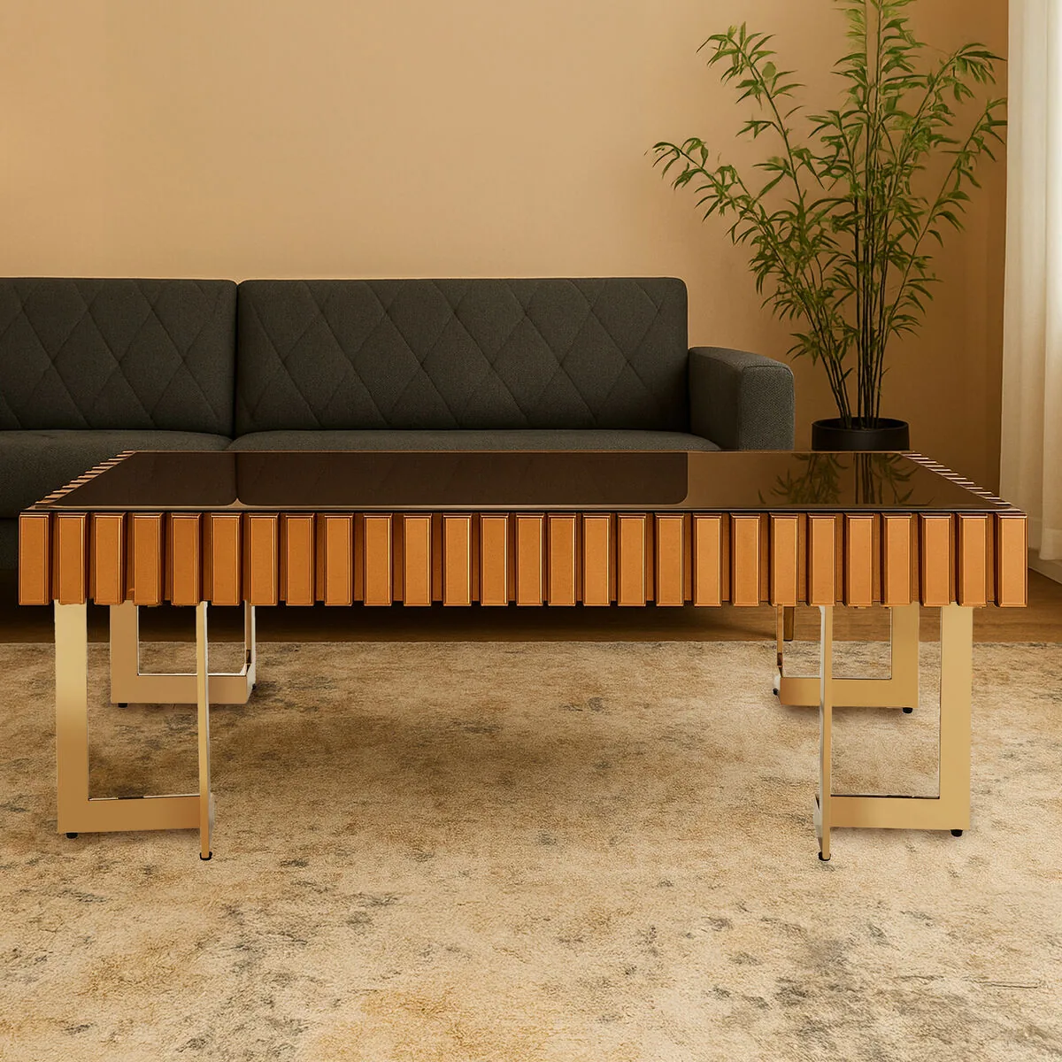 Mirrored Glass Top Coffee Table With Corrugated Sides & Gold Frame, Rivoli