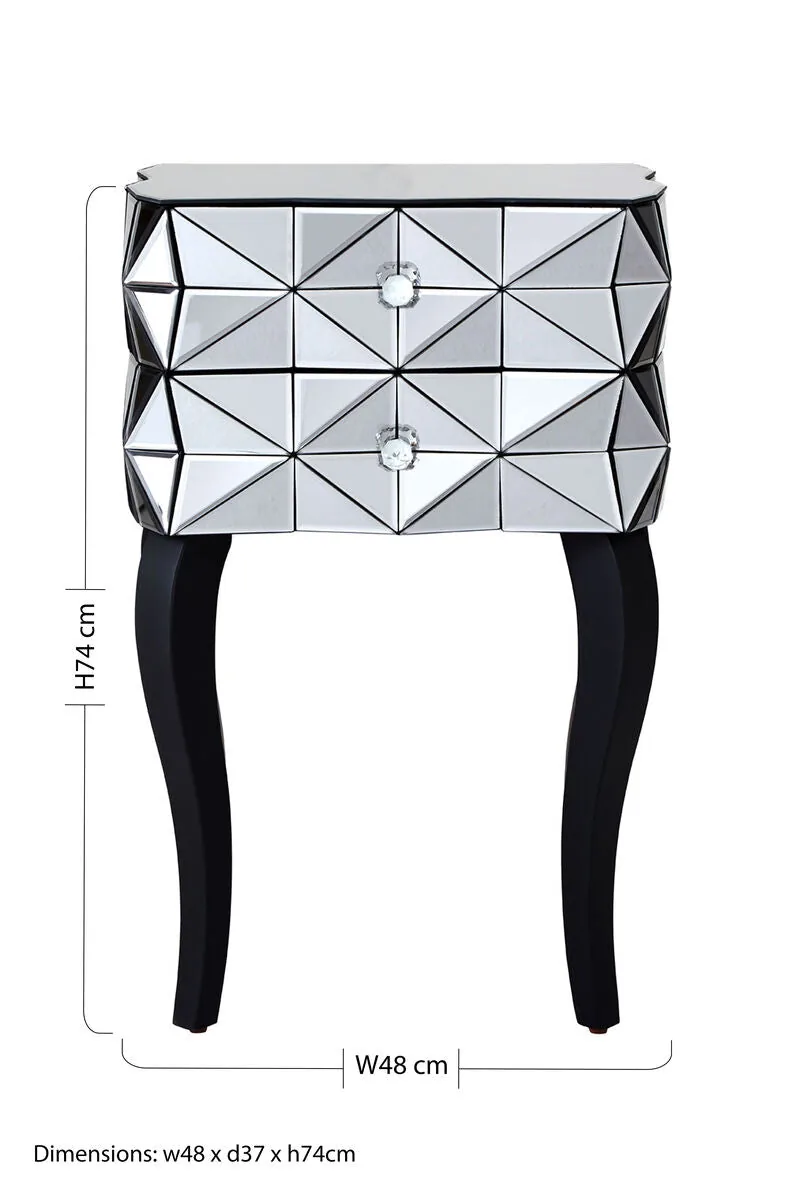 Silver Smoked 3D Geometric Glass Front 2-Drawer Bedside Table With Cut Glass Handles & Cabriole Legs, Soho