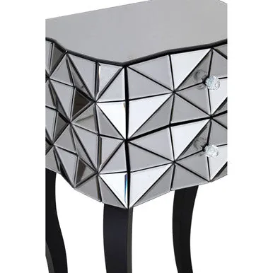 Silver Smoked 3D Geometric Glass Front 2-Drawer Bedside Table With Cut Glass Handles & Cabriole Legs, Soho