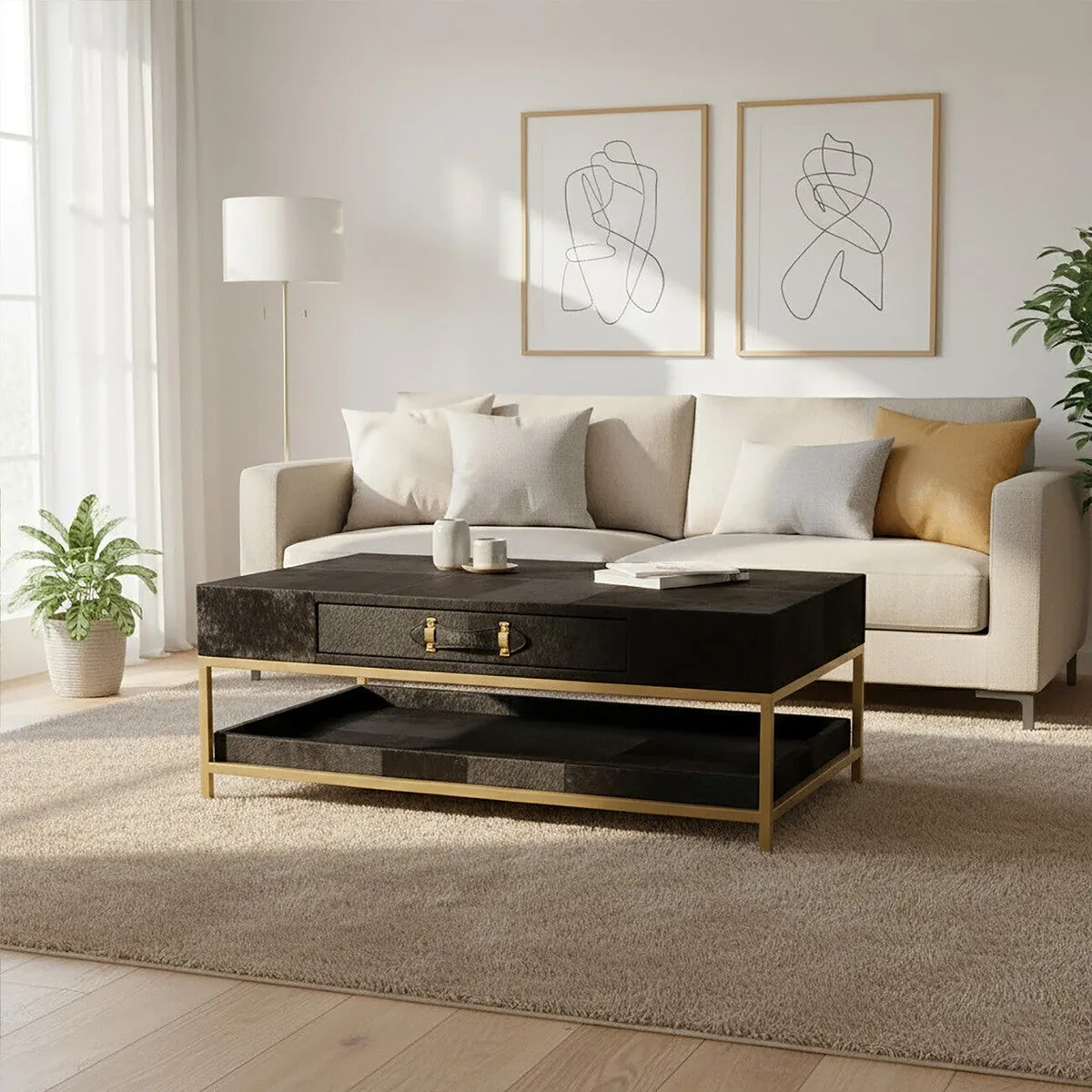 Black Hair-On-Hide Leather Coffee Table With Gold Metal Frame & Storage Drawer, Kensington Townhouse