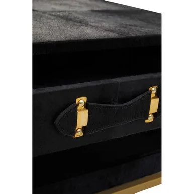 Black Hair-On-Hide Leather Coffee Table With Gold Metal Frame & Storage Drawer, Kensington Townhouse