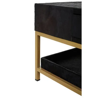 Black Hair-On-Hide Leather Coffee Table With Gold Metal Frame & Storage Drawer, Kensington Townhouse