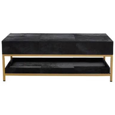 Black Hair-On-Hide Leather Coffee Table With Gold Metal Frame & Storage Drawer, Kensington Townhouse