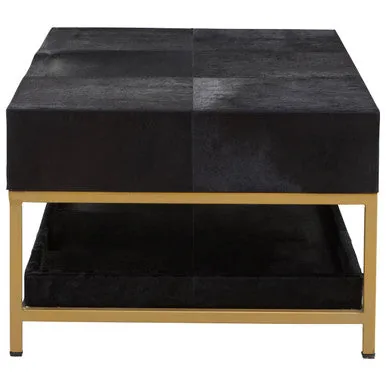 Black Hair-On-Hide Leather Coffee Table With Gold Metal Frame & Storage Drawer, Kensington Townhouse