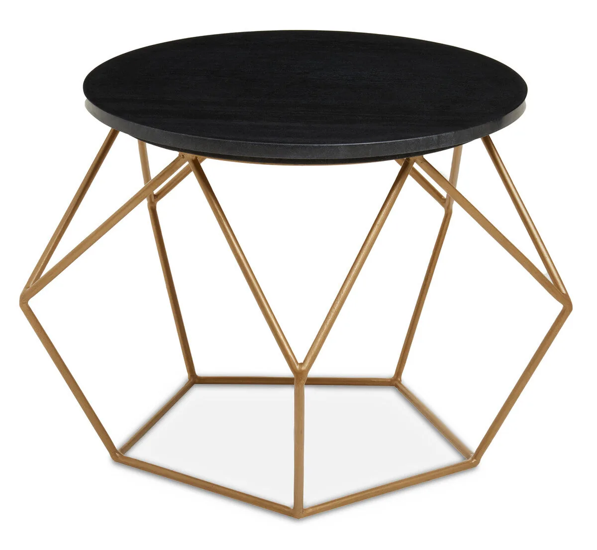 Black Round Marble Top Coffee Table With Matte Gold Geometric Metal Frame, Varana