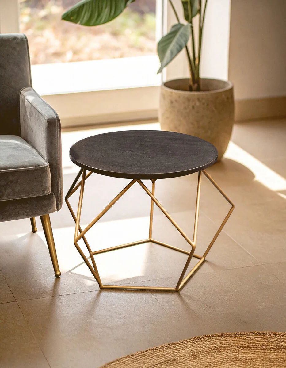 Black Round Marble Top Coffee Table With Matte Gold Geometric Metal Frame, Varana