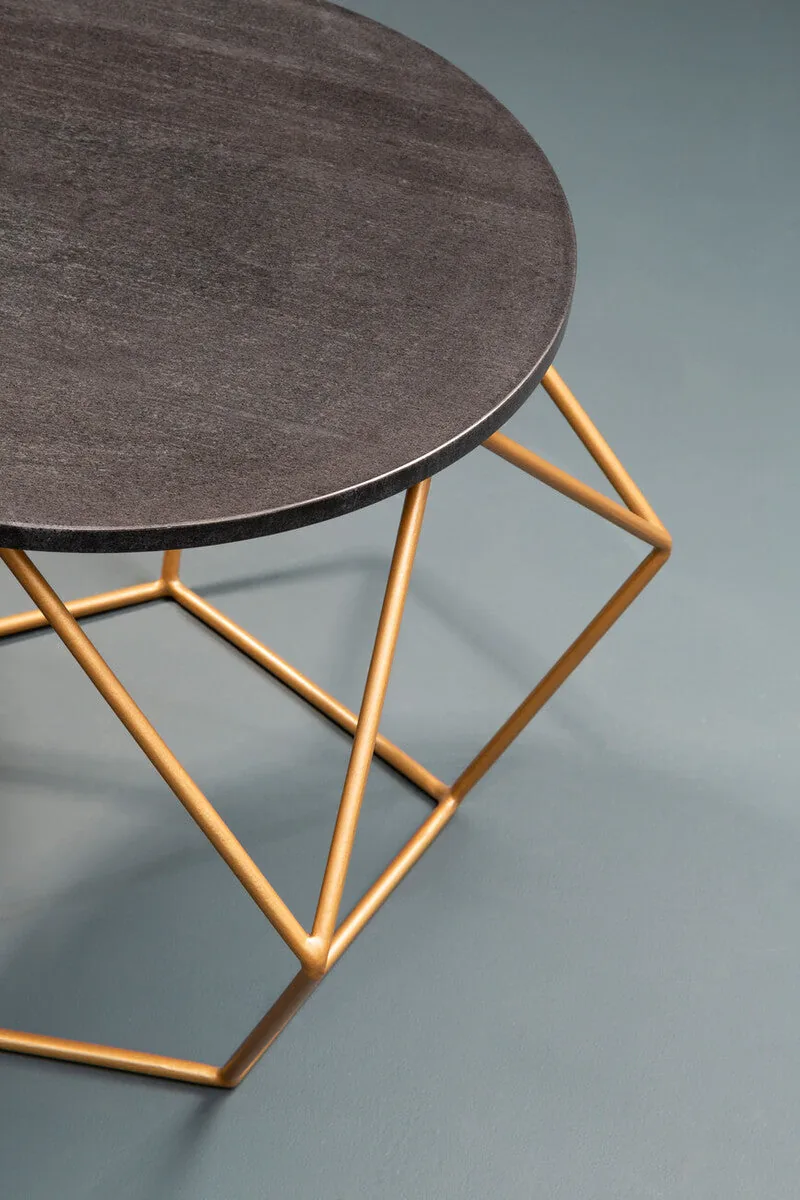 Black Round Marble Top Coffee Table With Matte Gold Geometric Metal Frame, Varana