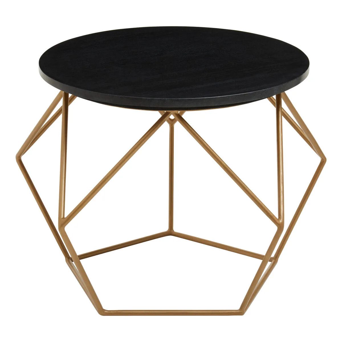 Black Round Marble Top Coffee Table With Matte Gold Geometric Metal Frame, Varana
