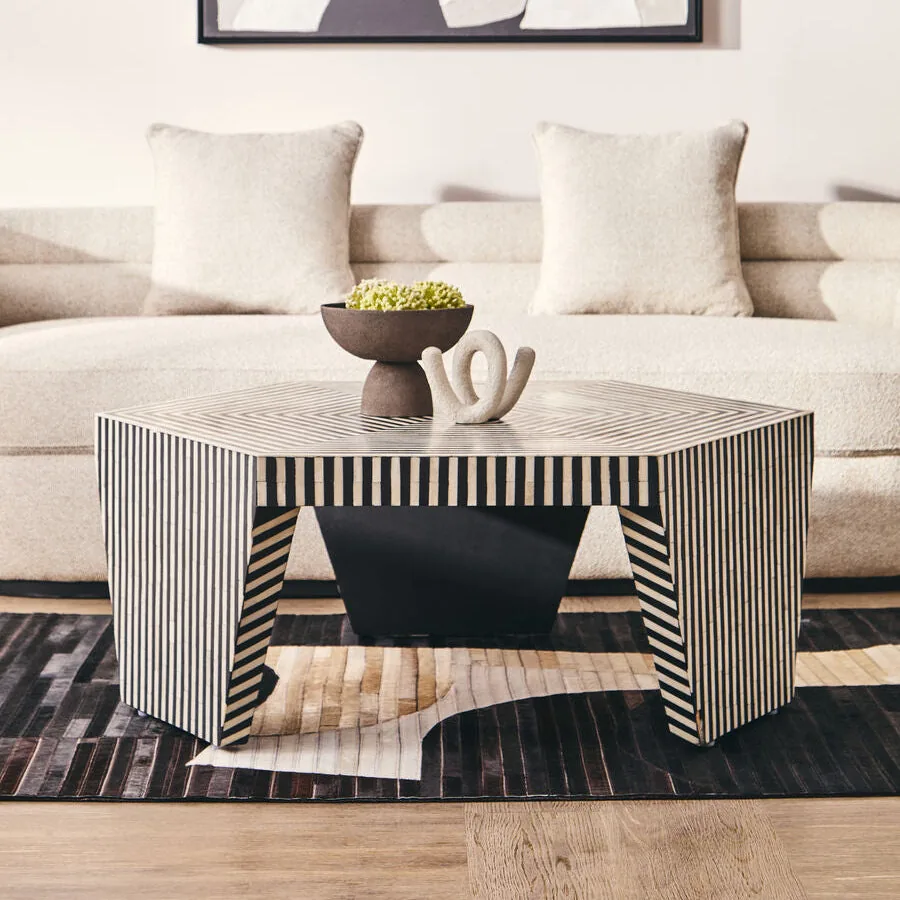 Black & White Striped Bone Inlay Hexagon Coffee Table, Fusion