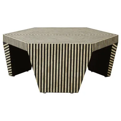 Black & White Striped Bone Inlay Hexagon Coffee Table, Fusion
