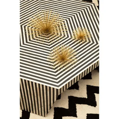 Black & White Striped Bone Inlay Hexagon Coffee Table, Fusion