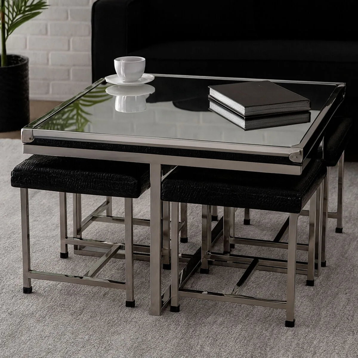 Carla 5 Piece Crocodile Leather Coffee Table & Stool Set