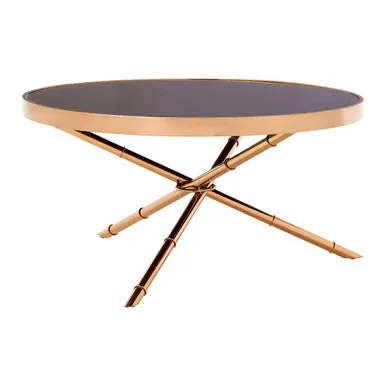 Black Glass Top Round Coffee Table With Rose Gold Iron Legs Ring Detail, Alvaro