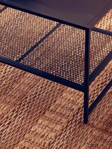 Black Powder Coated Metal Coffee Table With Open Storage Mesh Shelf, Acero