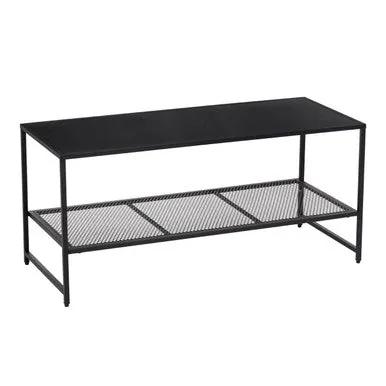 Black Powder Coated Metal Coffee Table With Open Storage Mesh Shelf, Acero