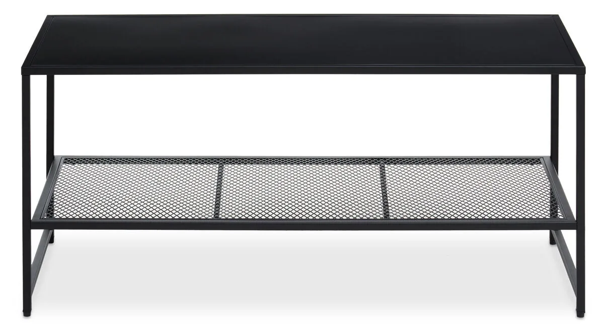 Black Powder Coated Metal Coffee Table With Open Storage Mesh Shelf, Acero