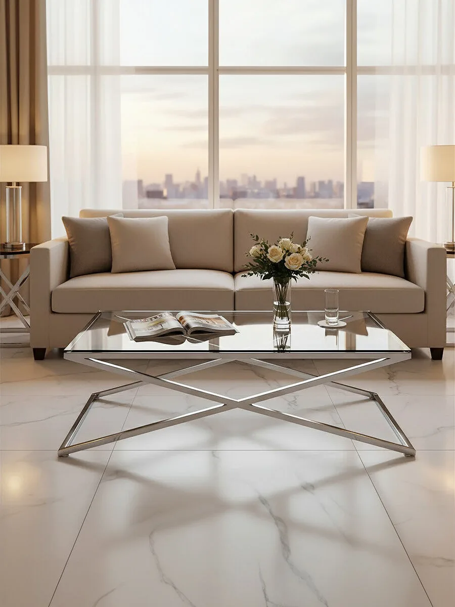 Clear Glass Top Coffee Table With Glistening Silver Stainless Steel Cross Base, Montril