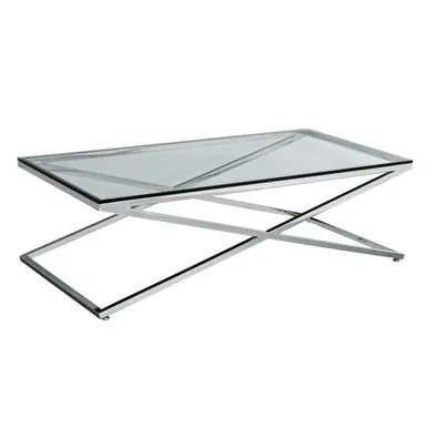 Clear Glass Top Coffee Table With Glistening Silver Stainless Steel Cross Base, Montril