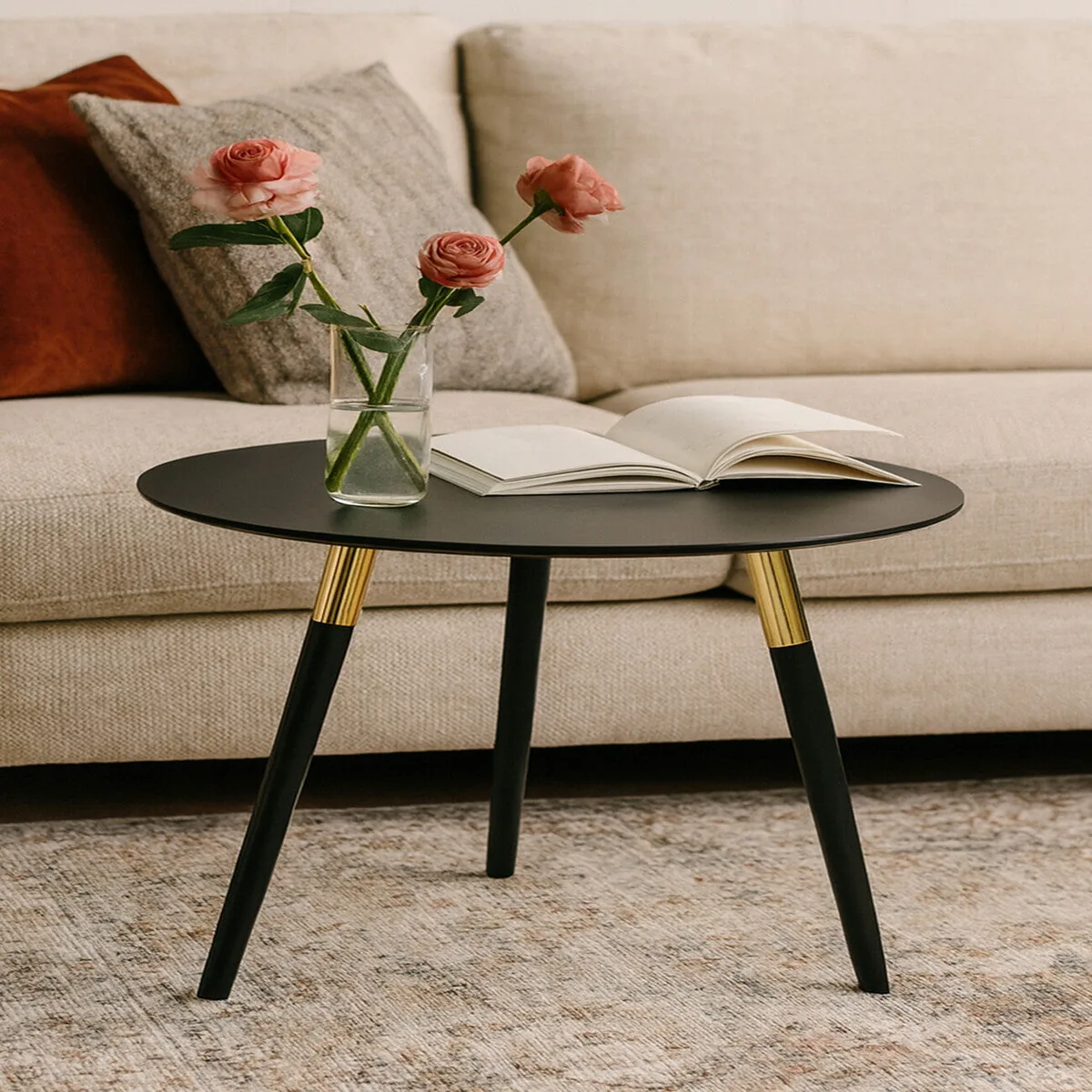 Black Oak Veneer Wooden Top Coffee Table With Gold Trim & Angled Legs, Nostra