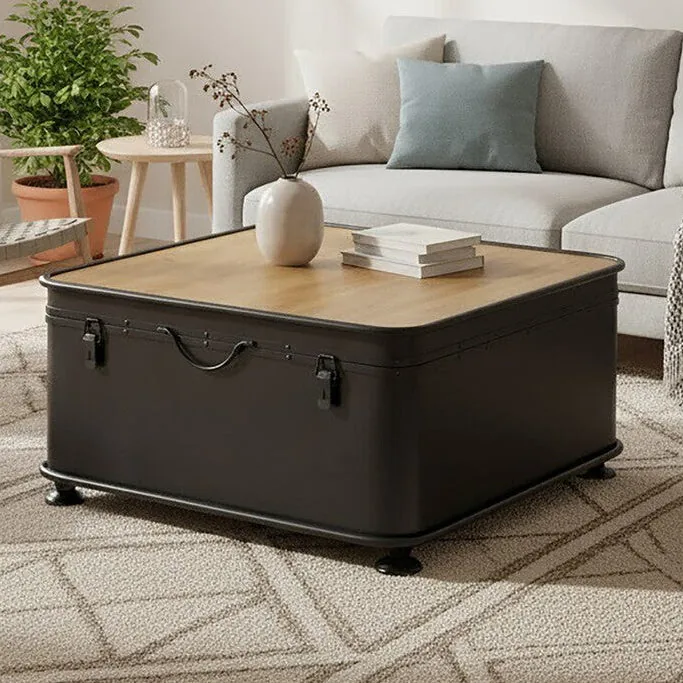 Black Wood & Iron Coffee Table With Hinged Top, New Foundry