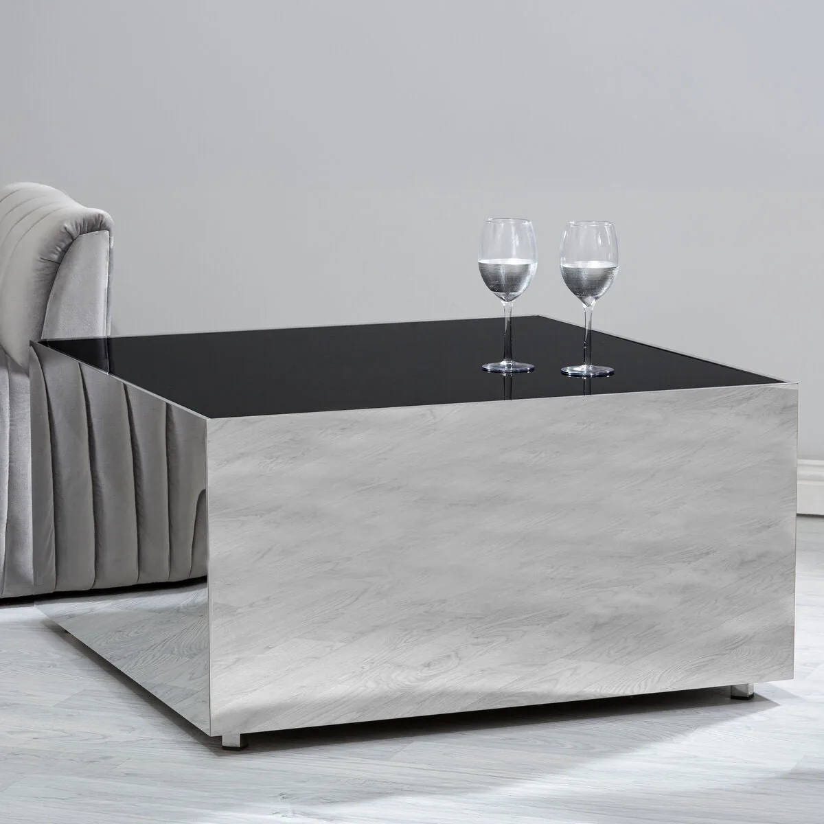 Black Tempered Glass Top Coffee Table With Silver Square Chrome Frame, Carlox