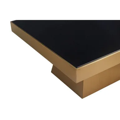 Black Tempered Glass Coffee Table With Gold Square Stainless Steel Base, Carlox