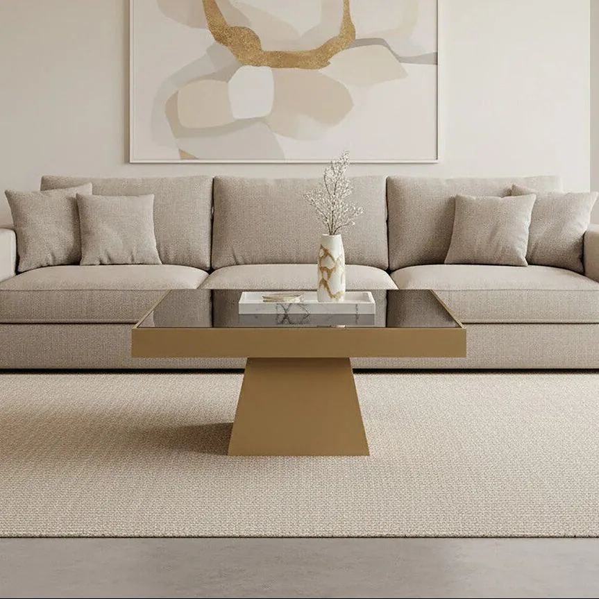 Black Tempered Glass Coffee Table With Gold Square Stainless Steel Base, Carlox