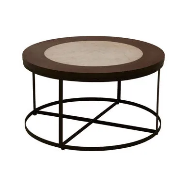 Brown Wood & White Marble Top Coffee Table With Black Iron Intersecting Base, Vasco