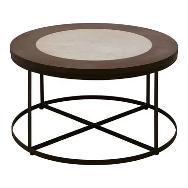 Brown Wood & White Marble Top Coffee Table With Black Iron Intersecting Base, Vasco