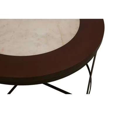 Brown Wood & White Marble Top Coffee Table With Black Iron Intersecting Base, Vasco