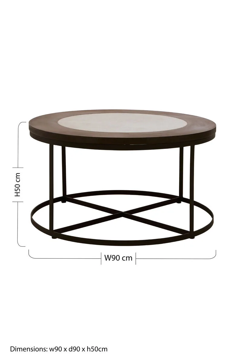 Brown Wood & White Marble Top Coffee Table With Black Iron Intersecting Base, Vasco