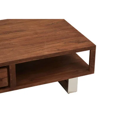 Brown Acacia Wood 1-Drawer Coffee Table With 1 Open Shelf & Stainless Steel Legs, Simla