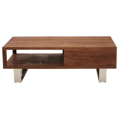 Brown Acacia Wood 1-Drawer Coffee Table With 1 Open Shelf & Stainless Steel Legs, Simla