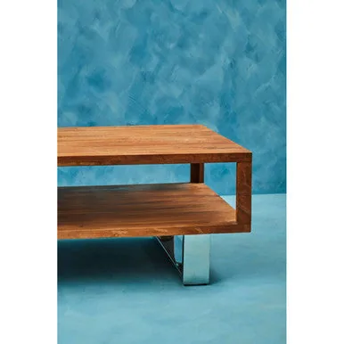 Brown Acacia Wood 1-Drawer Coffee Table With 1 Open Shelf & Stainless Steel Legs, Simla