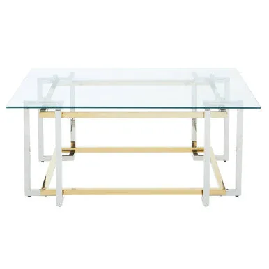 Clear Tempered Glass Top Coffee Table With Silver & Gold Stainless Steel Base, Elino