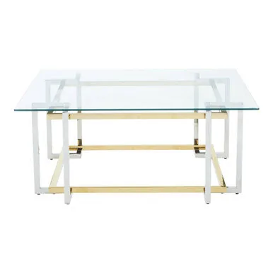 Clear Tempered Glass Top Coffee Table With Silver & Gold Stainless Steel Base, Elino