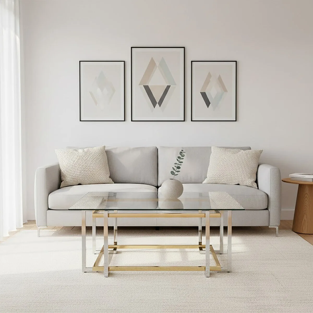 Clear Tempered Glass Top Coffee Table With Silver & Gold Stainless Steel Base, Elino
