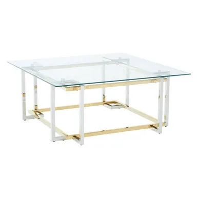 Clear Tempered Glass Top Coffee Table With Silver & Gold Stainless Steel Base, Elino
