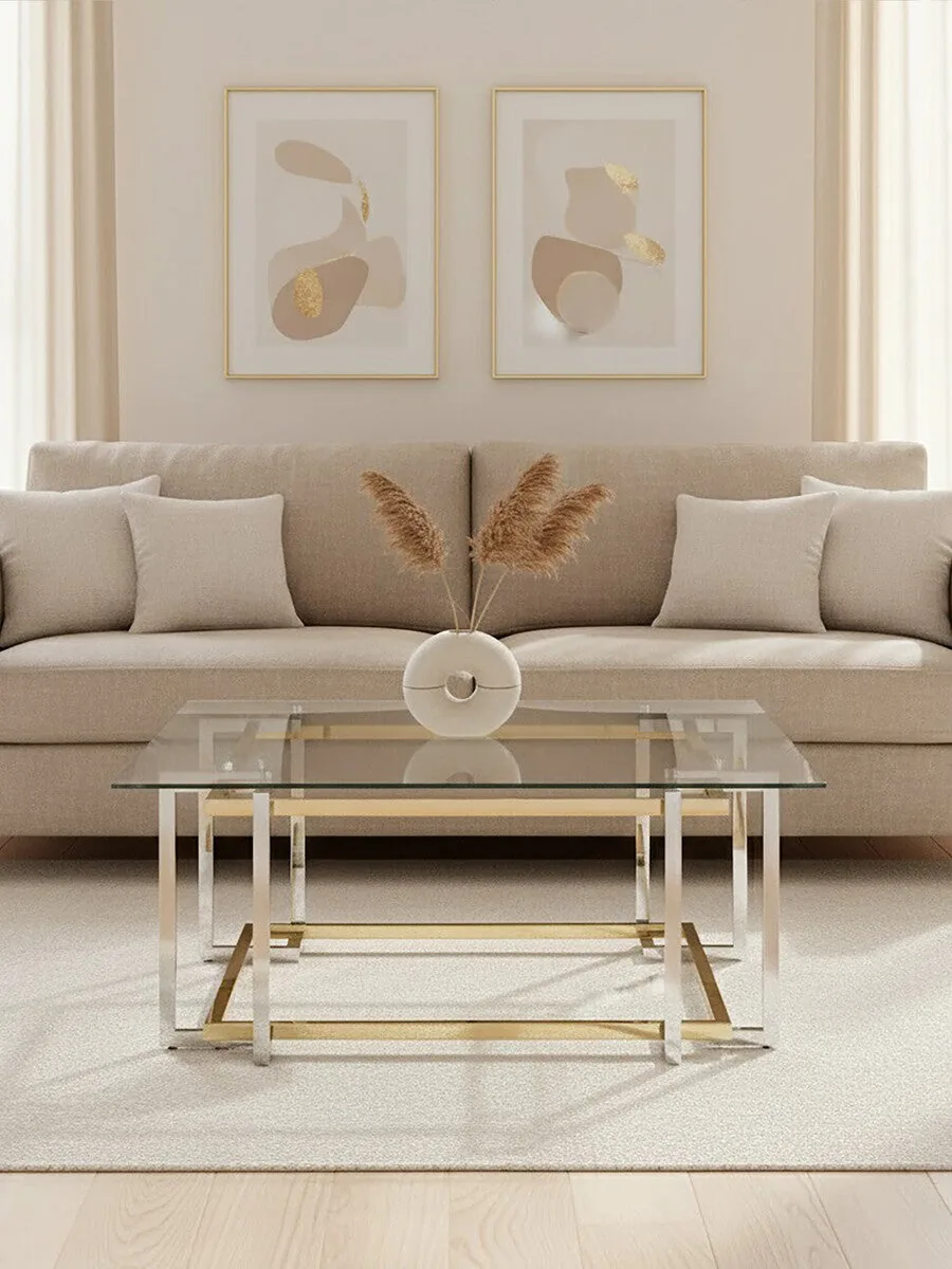 Clear Tempered Glass Top Coffee Table With Silver & Gold Stainless Steel Base, Elino
