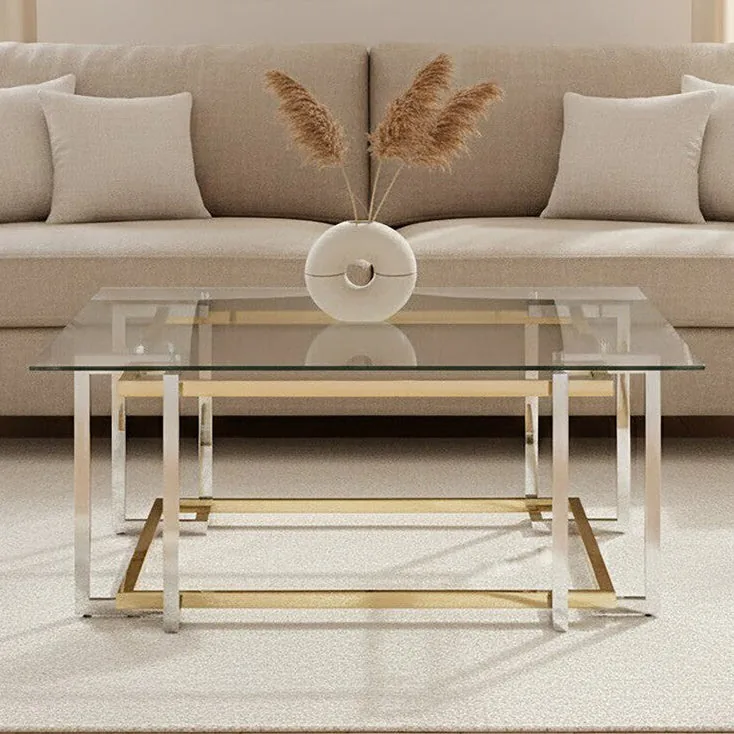 Clear Tempered Glass Top Coffee Table With Silver & Gold Stainless Steel Base, Elino