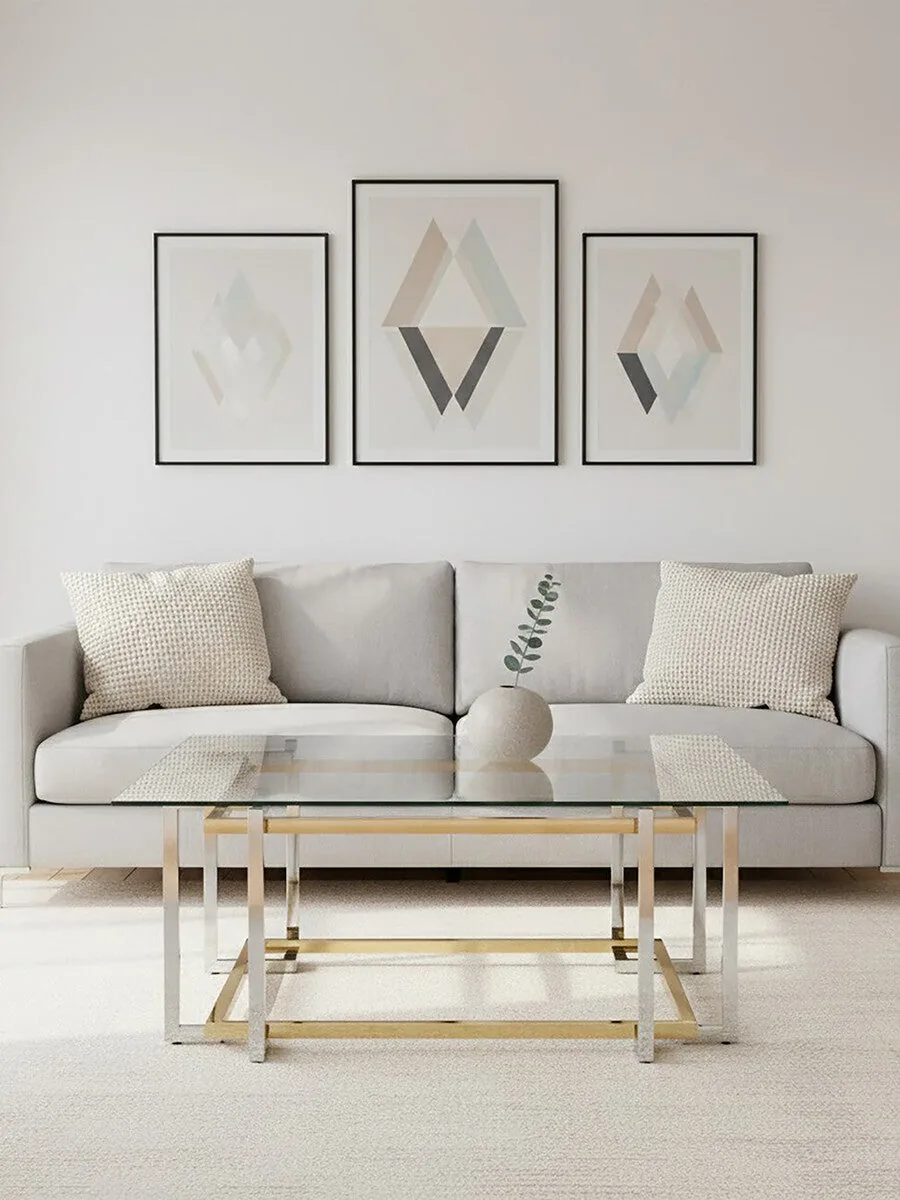 Clear Tempered Glass Top Coffee Table With Silver & Gold Stainless Steel Base, Elino