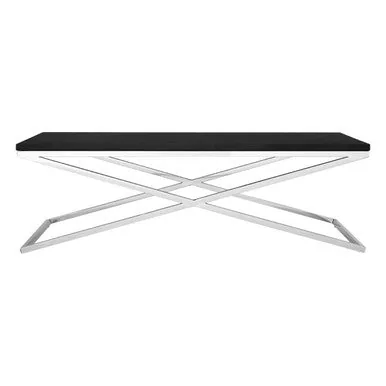 Black Coffee Table With Leather & Silver Crossed Steel Base, Tribute